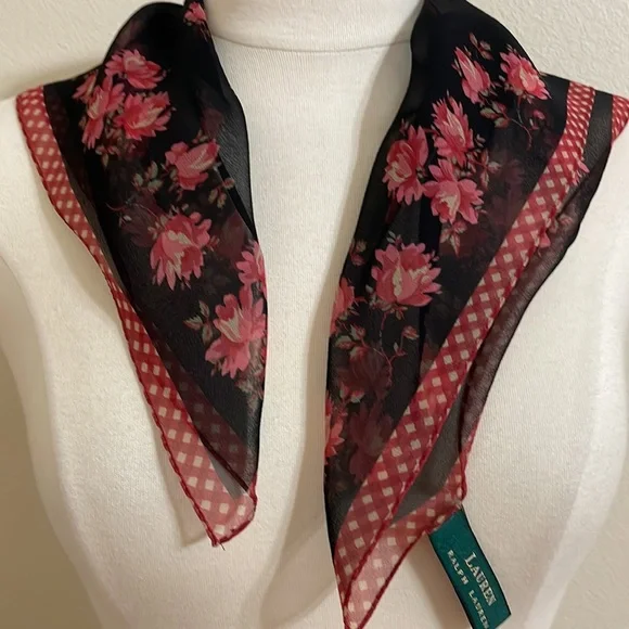 VINTAGE 90s RALPH LAUREN Black Cranberry Red and White Chiffon Square Scarf - Picture 6 of 9